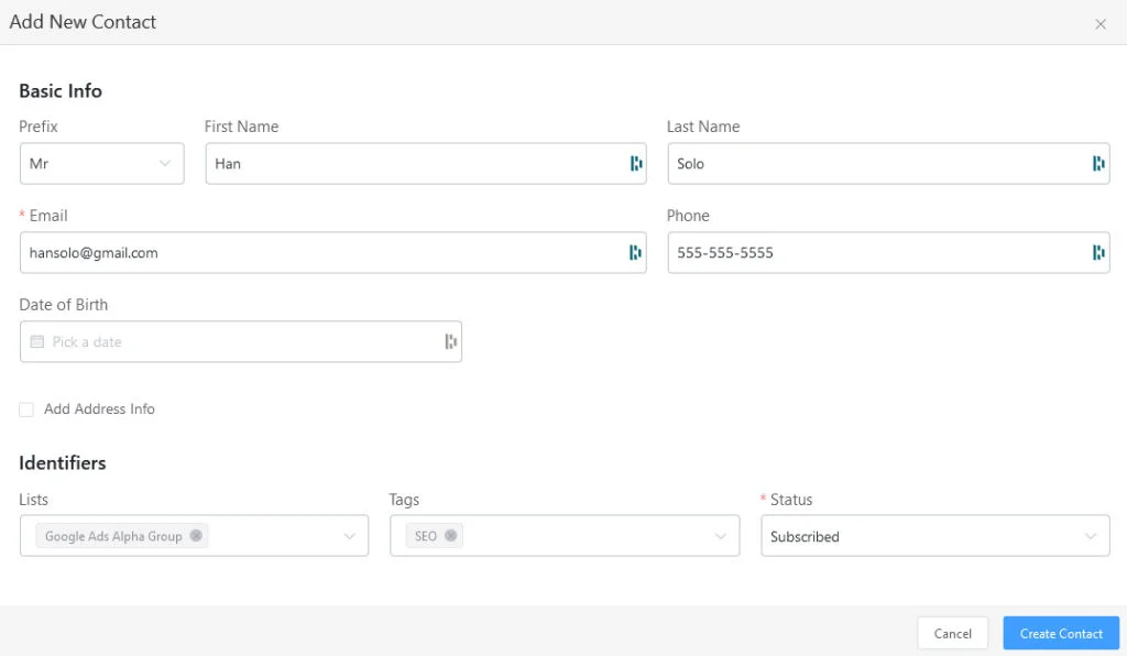 example of crm contact card